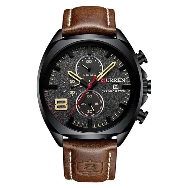 Montres à bracelet en cuir pour hommes - Classique - Acier inoxydable étanche -chronographe - Montre à Quartz analogique