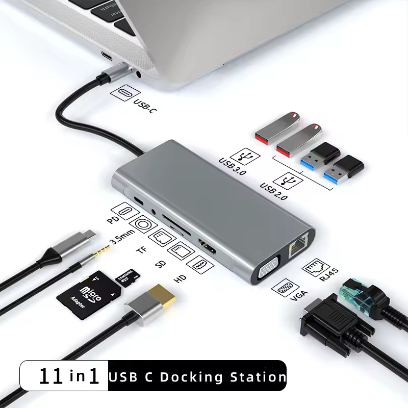 USB C 11 in 1 Docking Station with 4K UHD+VGA+PD+USB+RJ45 Ethernet+SD/TF Card Reader+3.5mm AUX Compatible with Macbook Pro/Air
