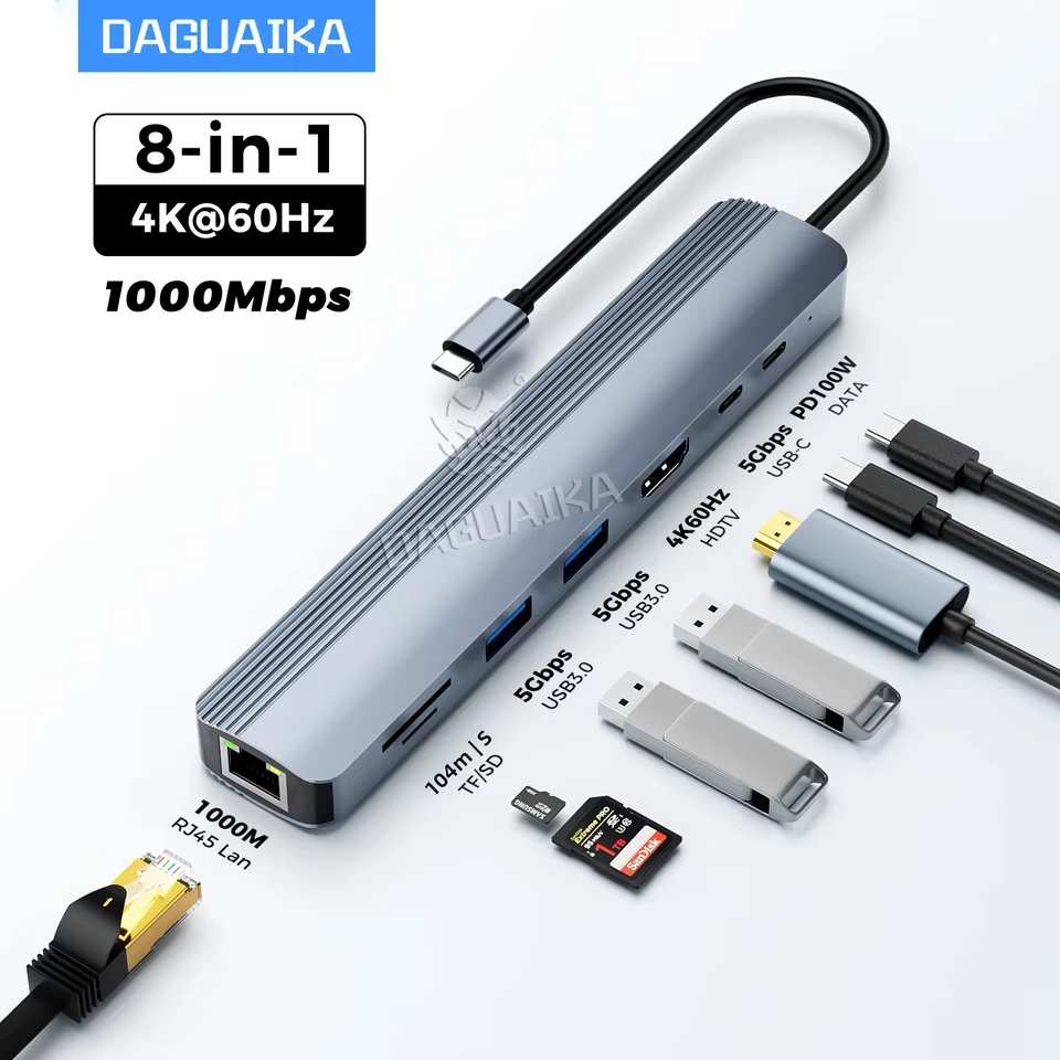 8-in-1 USB C Hub Docking Station with 1000Mbps Ethernet HDTV 4K60Hz