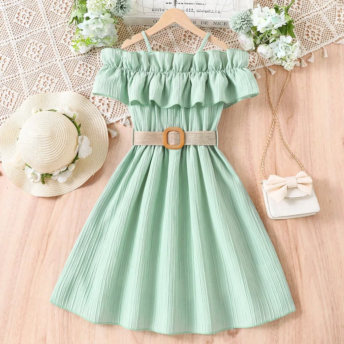 Girls' skirt 2024 summer European and American one shoulder strap patchwork lace western-style girls' dress