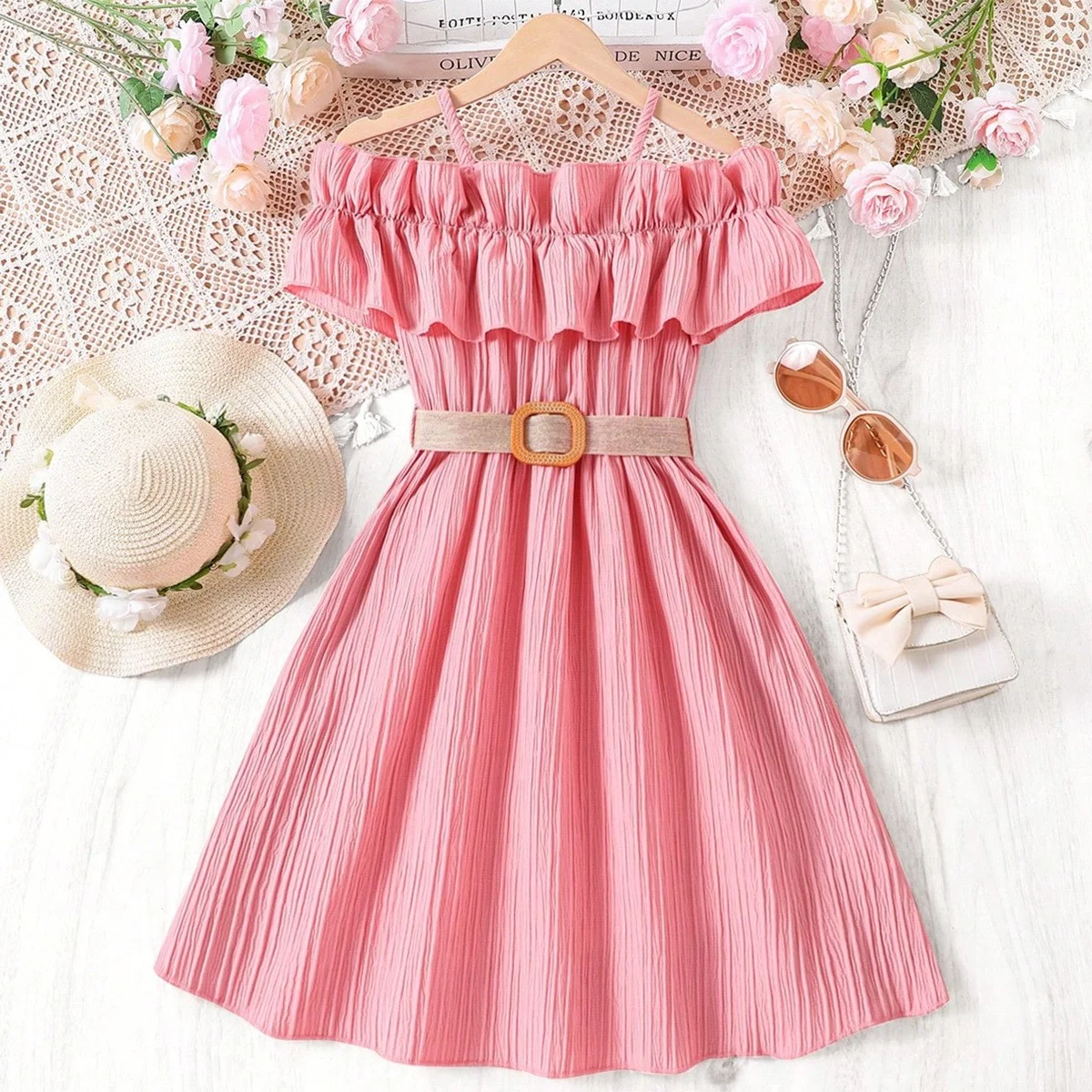 Pink Girls' skirt 2024 summer European and American one shoulder strap patchwork lace western-style girls' dress