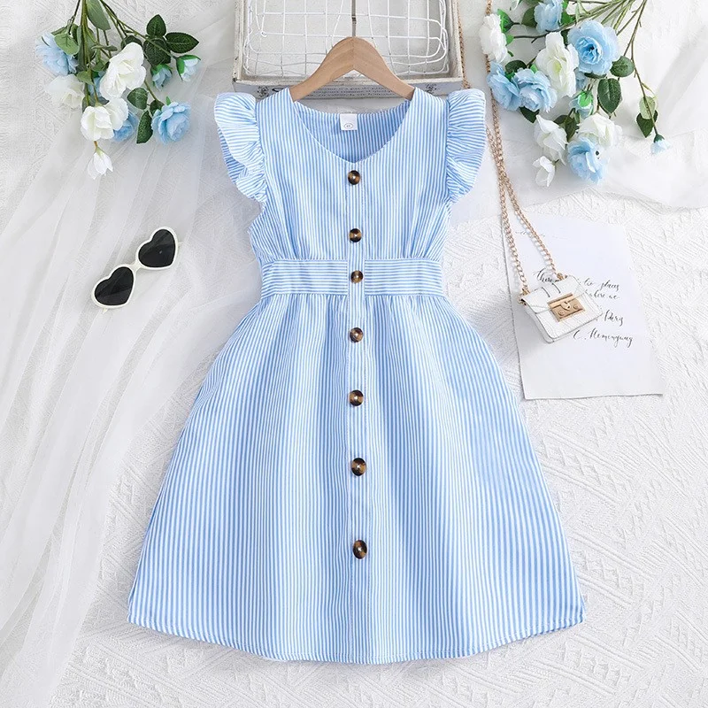 10-12 Year Old Girl Summer New Western Style Flying Sleeves Striped Princess Dress Children's dress