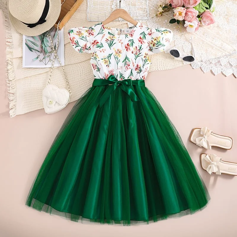 2024 Spring/Summer Children's Clothing New Girl's Fashionable Mesh Flying Sleeves Princess Dress